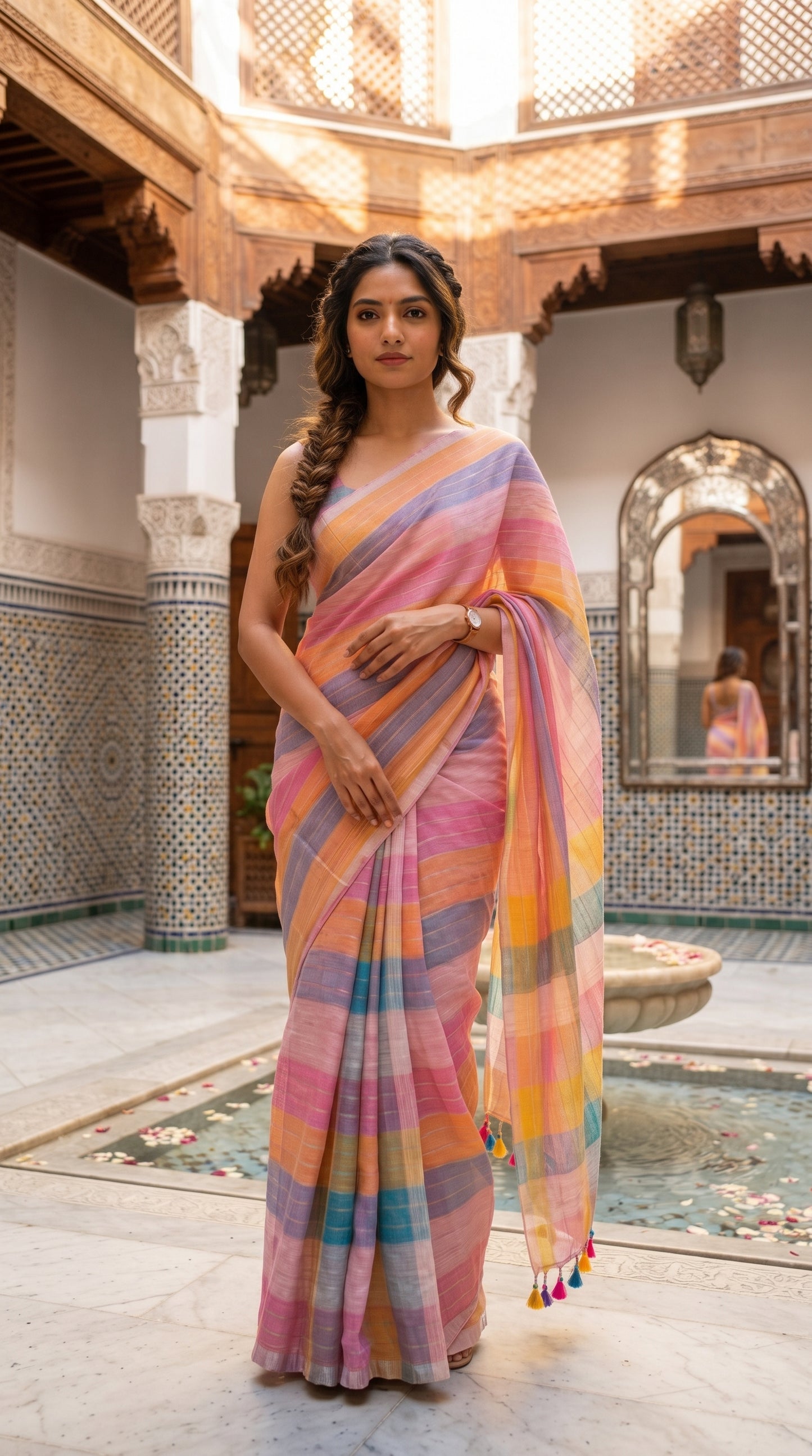 Full-length portrait of a woman with a side braid standing in a traditional courtyard beside a stone fountain pool, displaying the neat front pleats and structured silhouette of her pastel linen saree