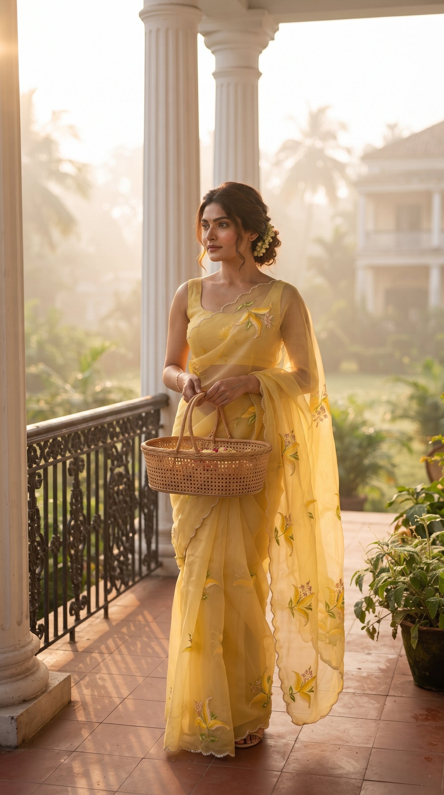 A woman with a neat bun carrying a woven wicker basket walks on a sun-drenched veranda with white pillars, beautifully accentuating the lightweight structure and pastel floral motifs of her yellow chiffon saree.