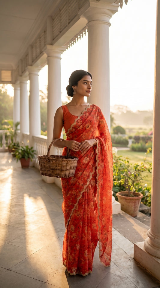 A front view of a woman holding a woven wicker basket on a sunlit veranda with columns, showcasing the breezy movement, burnt orange canvas, and delicate gold scalloped lace border of her floral printed chiffon saree