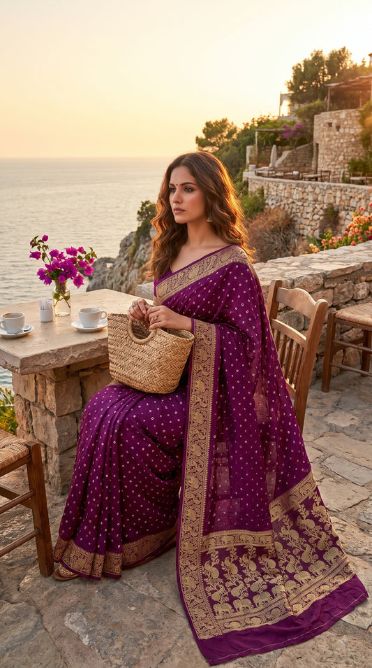 Art Silk Bandhani with Golden Zari - Wine