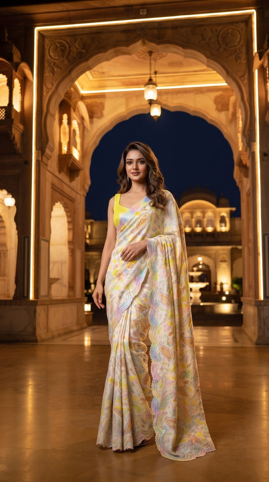 A full-length front portrait of a woman standing beneath a lit palace archway at night, displaying the majestic royal drape and shimmering hand-finished cutwork borders of her cream jacquard silk saree