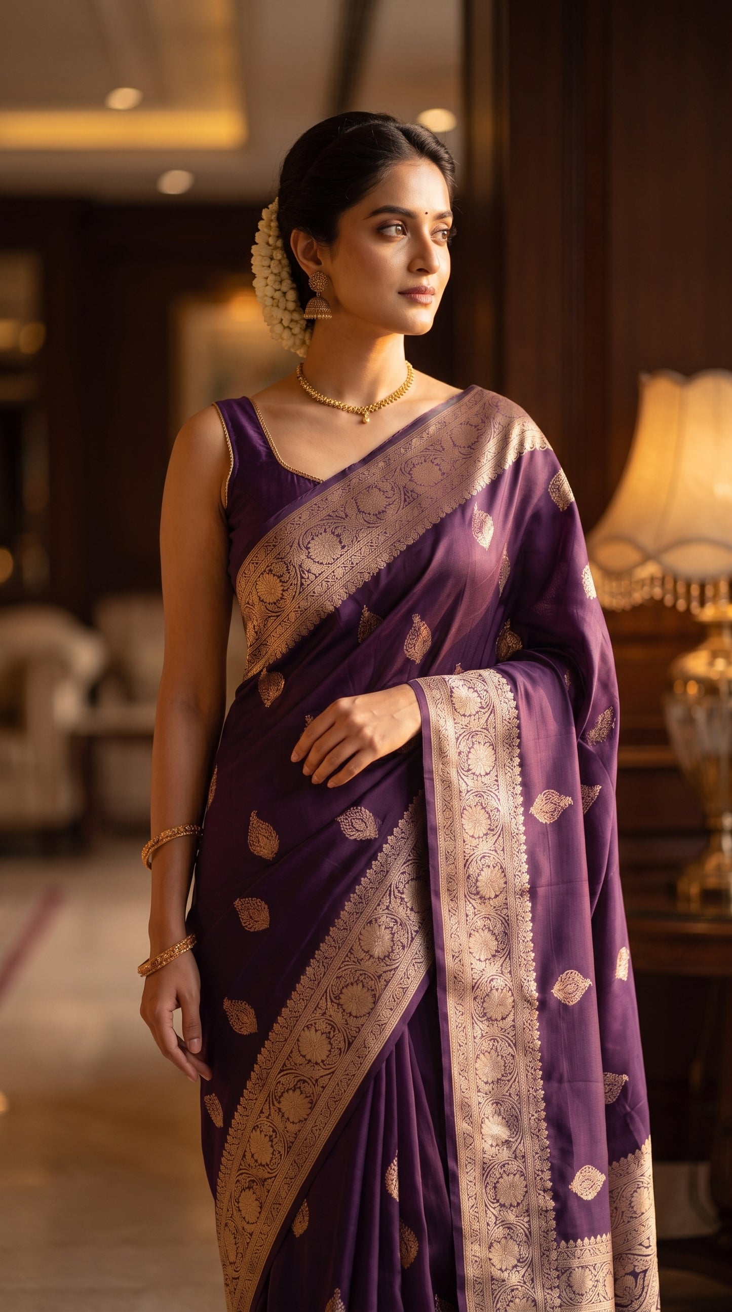A three-quarter portrait of a woman adorned with a fresh gajra and golden jewelry, showcasing the lustrous sheen, intricate gold zari border, and floral buttas of her deep purple Mashru silk saree