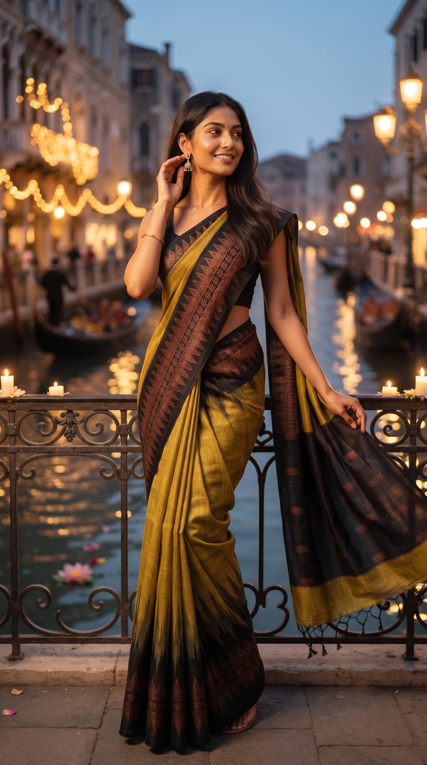 Green Pure Linen Saree with Black Temple Border