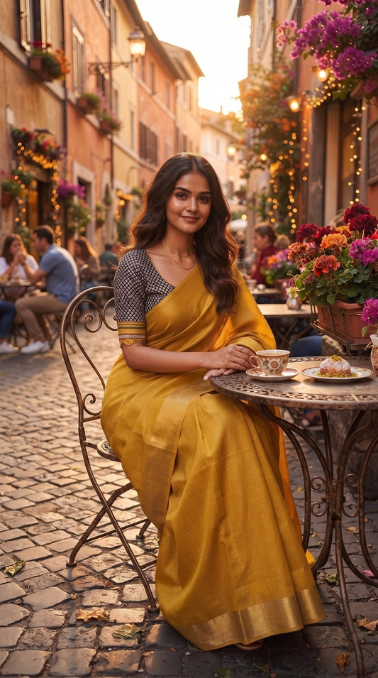 A portrait of a woman sitting at an outdoor table on a classic European street café, holding a teacup while beautifully displaying the soft metallic luster and golden hue of her tissue cotton saree