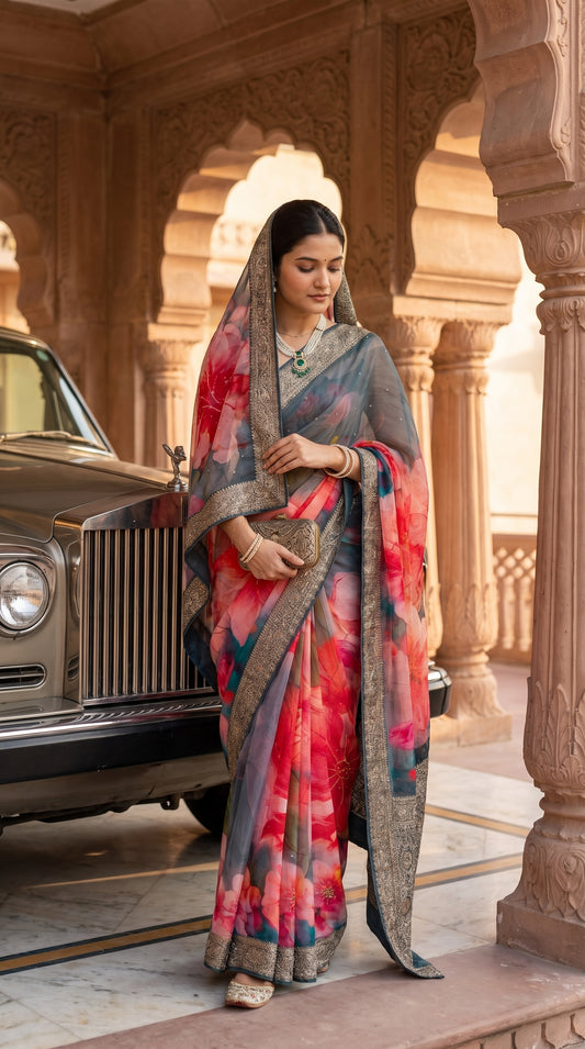 A full-length shot of a woman standing gracefully next to a classic vintage silver car on a palace driveway, wearing a red floral printed grey chiffon saree with a draped head covering and holding a metallic clutch