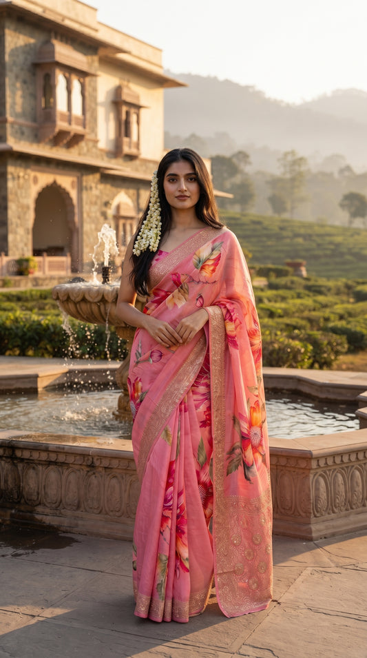 A portrait of a woman with a long gajra in her hair standing in front of a stone fountain with rolling tea garden hills in the background, displaying the woven gold zari border and bold floral digital prints of her pink Chinon saree
