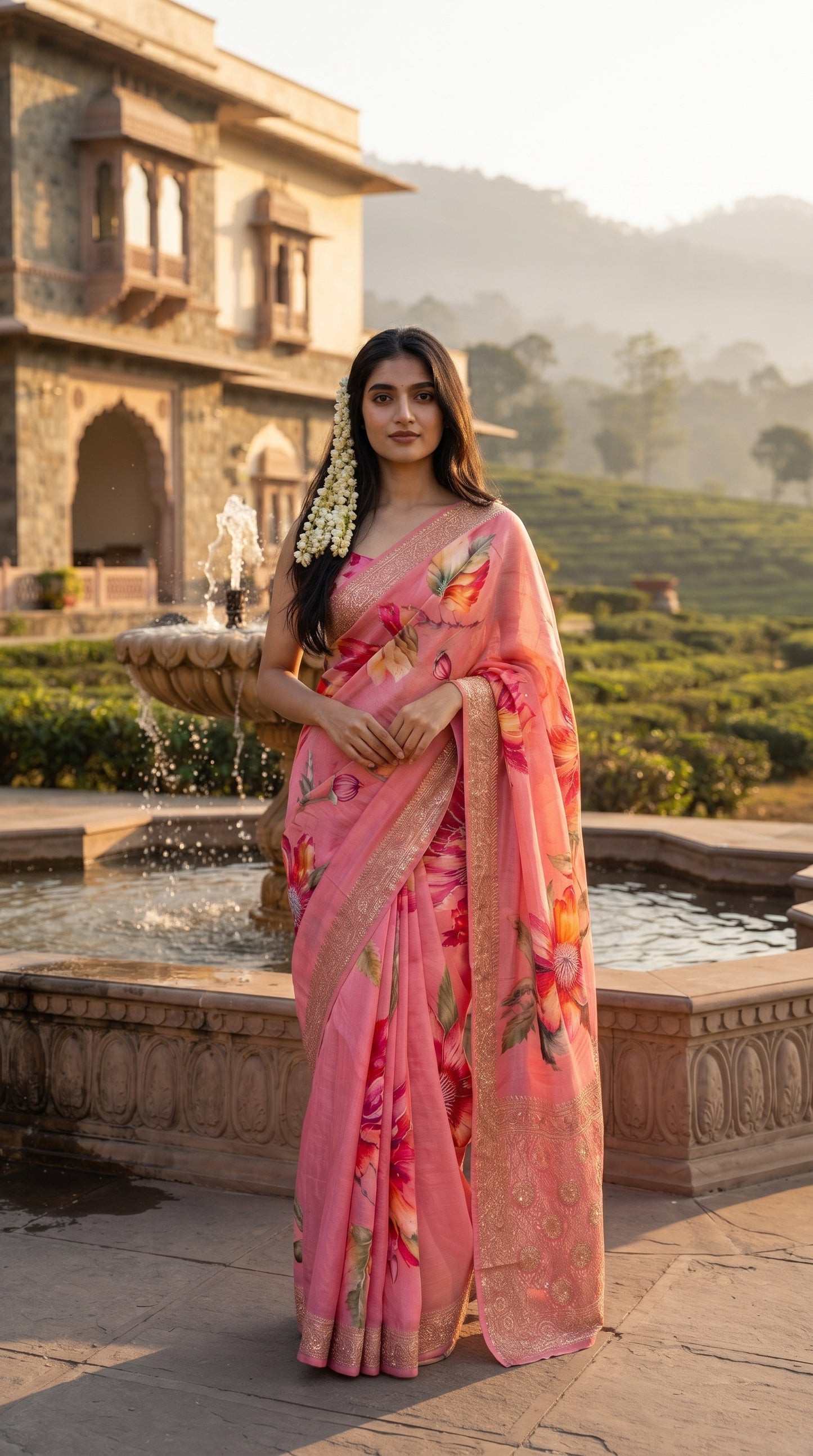 A portrait of a woman with a long gajra in her hair standing near a fountain with rolling tea garden hills in the background, displaying the woven gold zari border and bold floral digital prints of her pink Chinon saree