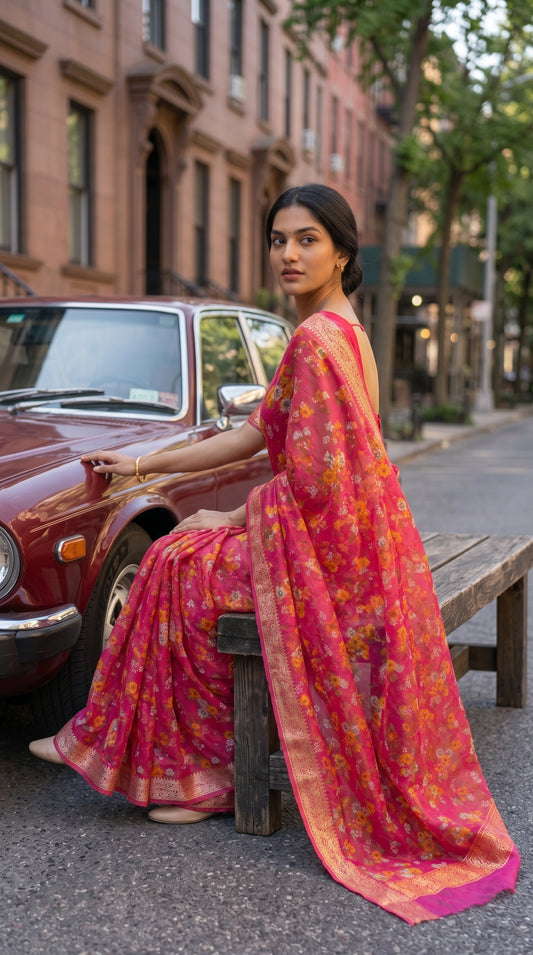 A model looking sideways while seated on a rustic wooden bench next to a vintage maroon car on a city street, highlighting the fluid fall and translucent qualities of her magenta floral saree
