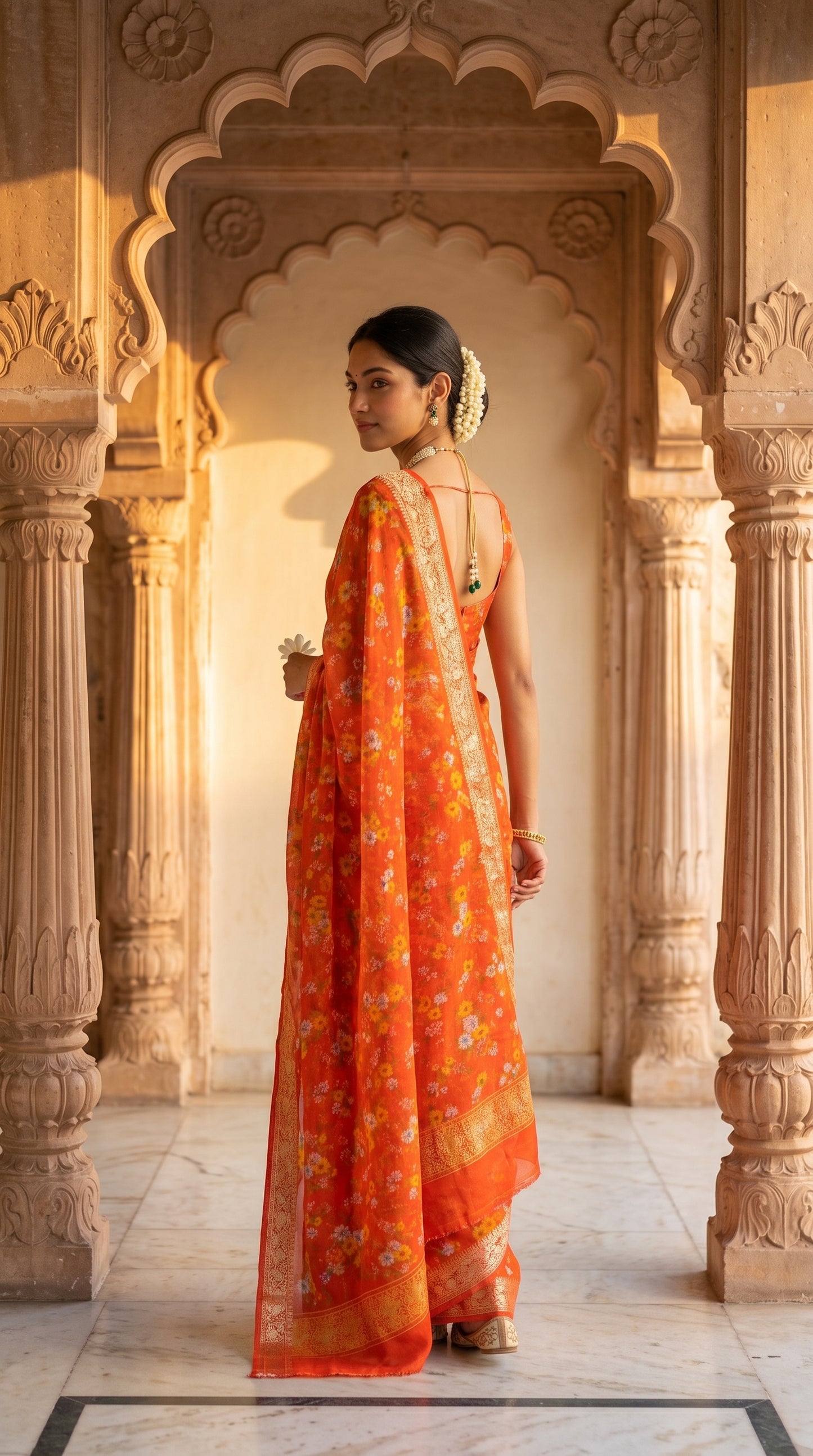 An over-the-shoulder back view of a woman with a gajra bun standing beneath an arched palace gateway, showcasing the detailed jacquard border line and cascading orange floral print pallu