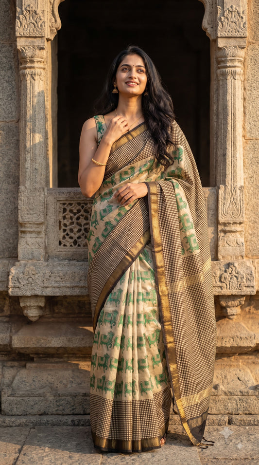 Maheshwari Silk Saree - Grey