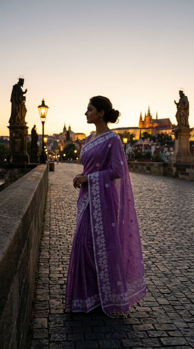 Purple Cotton Saree with Applique Border
