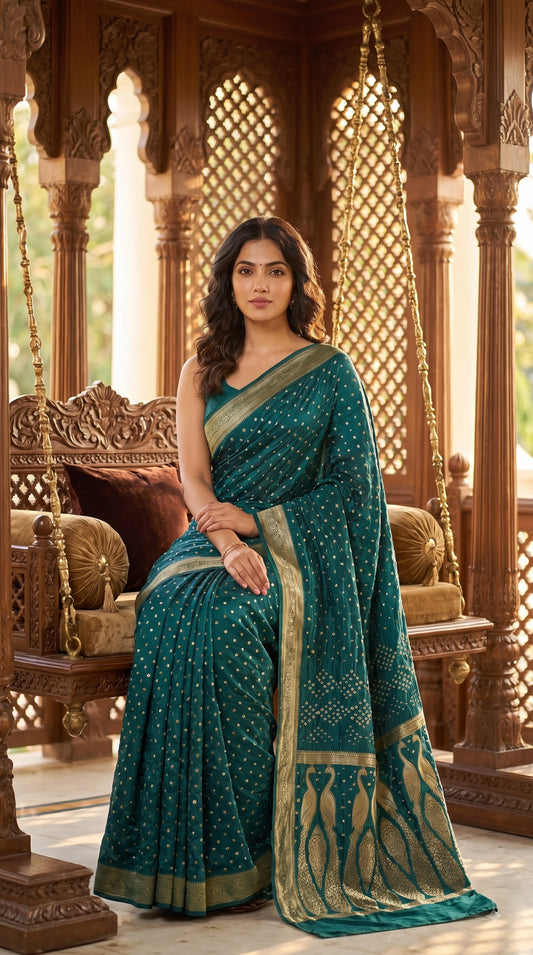 Art Silk Bandhani with Golden Zari - Rama Green