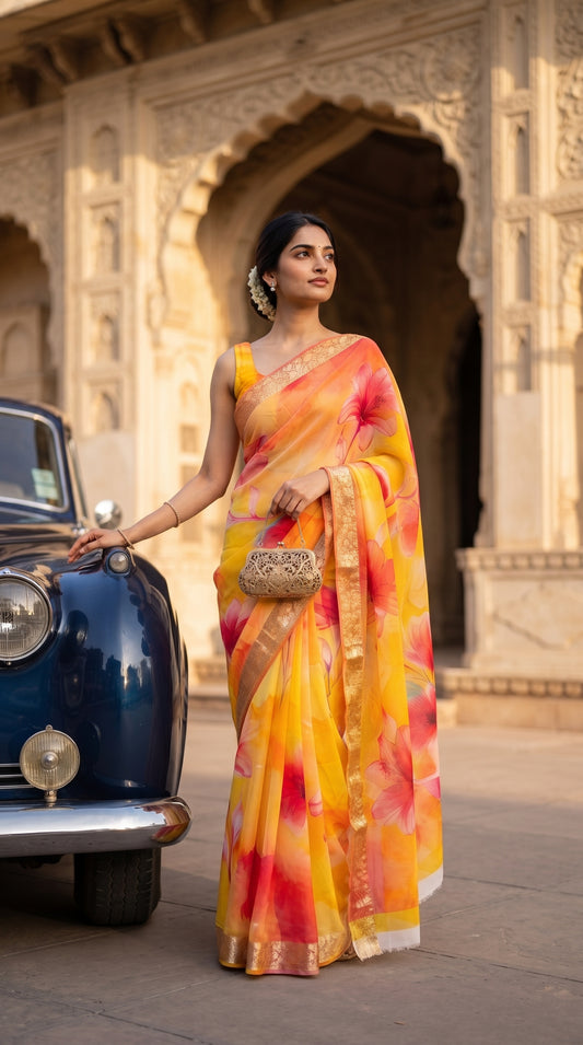 A portrait of a woman wearing a fresh gajra in her hair, leaning against a classic dark blue vintage car outside a palace archway, holding a metallic gold clutch while showcasing her yellow and orange floral chiffon saree