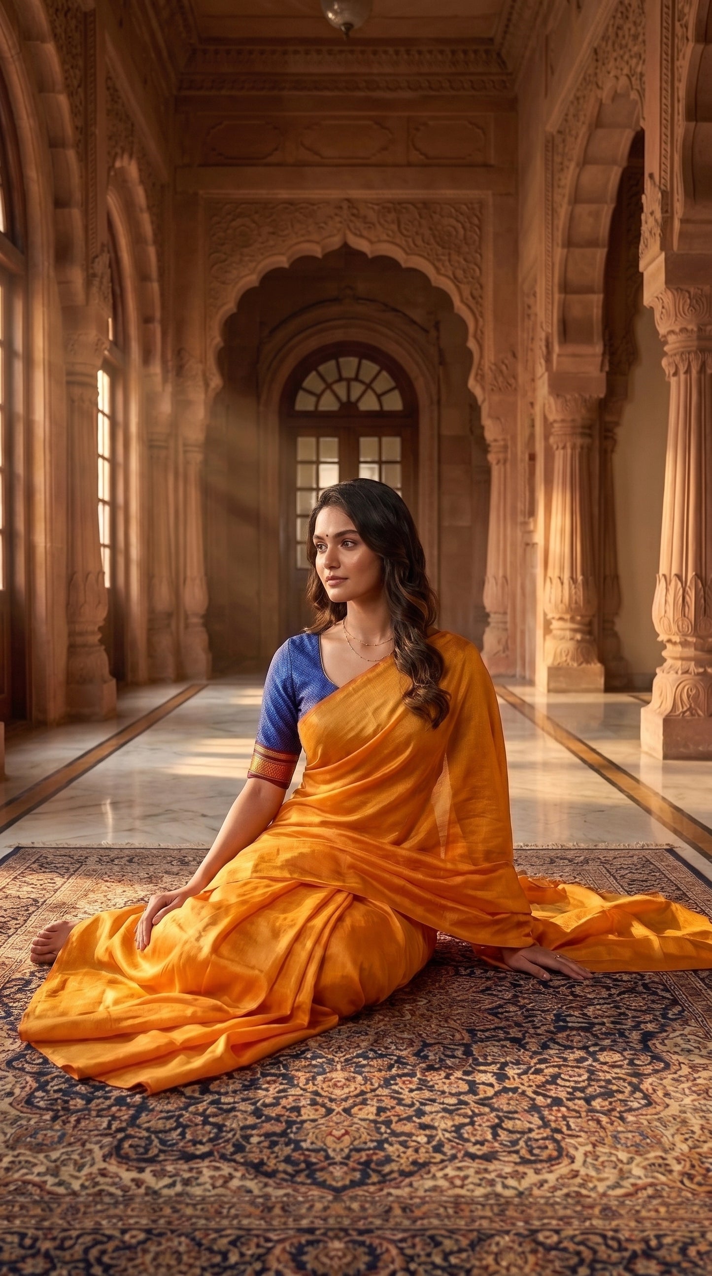 A front profile view of a woman sitting gracefully on an ornate Persian carpet inside a sunlit carved sandstone palace corridor, displaying the flawless tailored silhouette of her orange tissue cotton saree