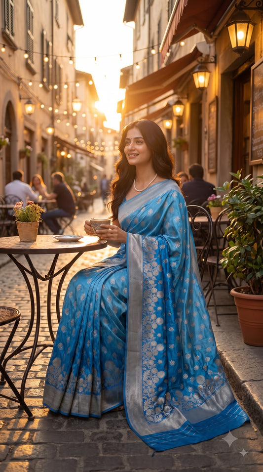 Crepe Silk Saree with Flowered Zari Border-Blue