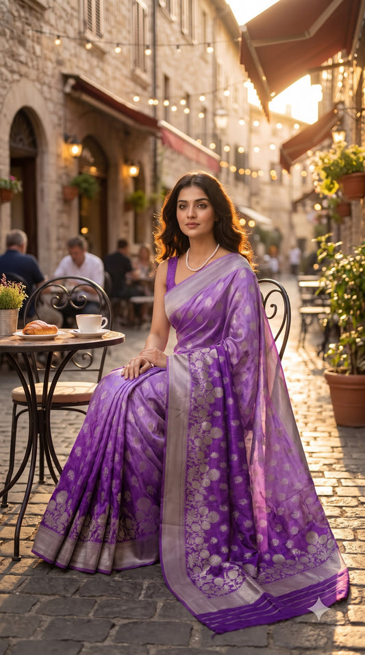 Crepe Silk Saree with Flowered Zari Border-Purple