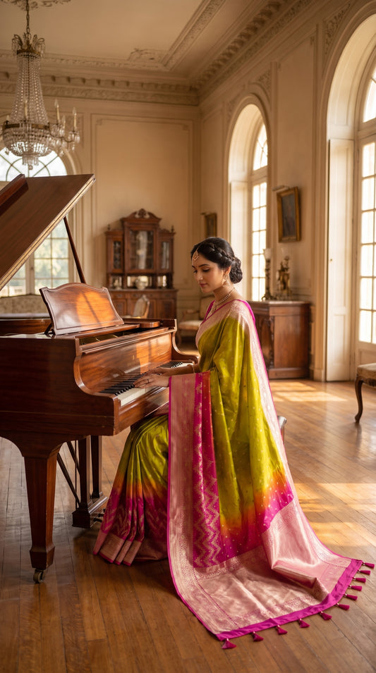 A full-length shot of a woman sitting at a grand wooden piano inside a sunlit luxury ballroom, with the expansive magenta and gold zari pallu of her lime green silk saree pooled beautifully across the polished wooden floor