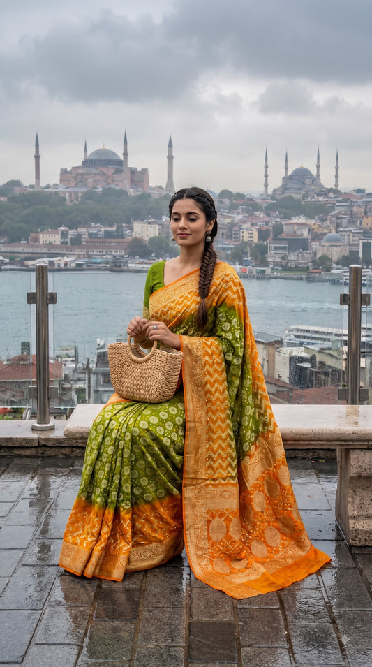 Art Silk with Bandhani - Green with Orange Border