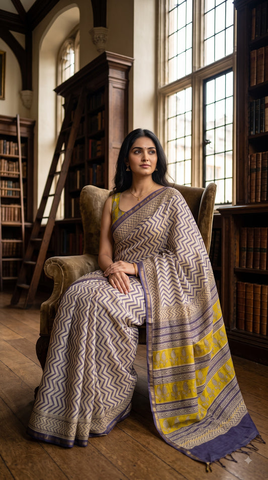Chanderi Silk Saree with Zigzag Design - Beige & Purple