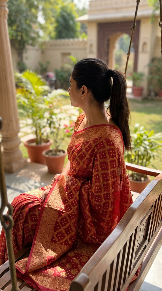 Dhupiyan Silk with Bandhani & Jaal Zari - Red