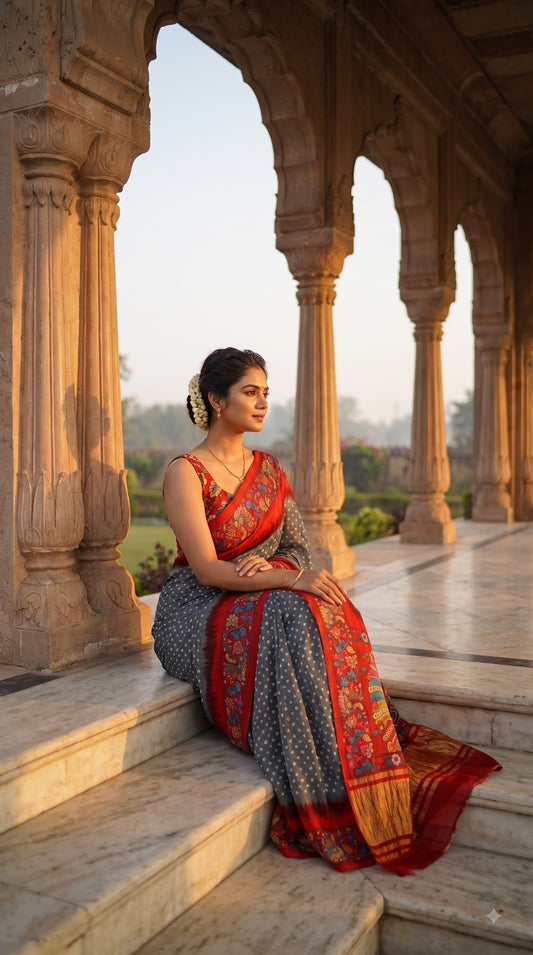 Pure Modal Silk with Bandhani Kalamkari Print Border - Grey with Red