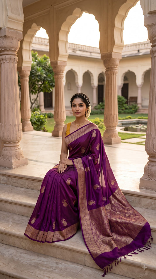 Satin Banarasi with Contrast Blouse - Wine Color