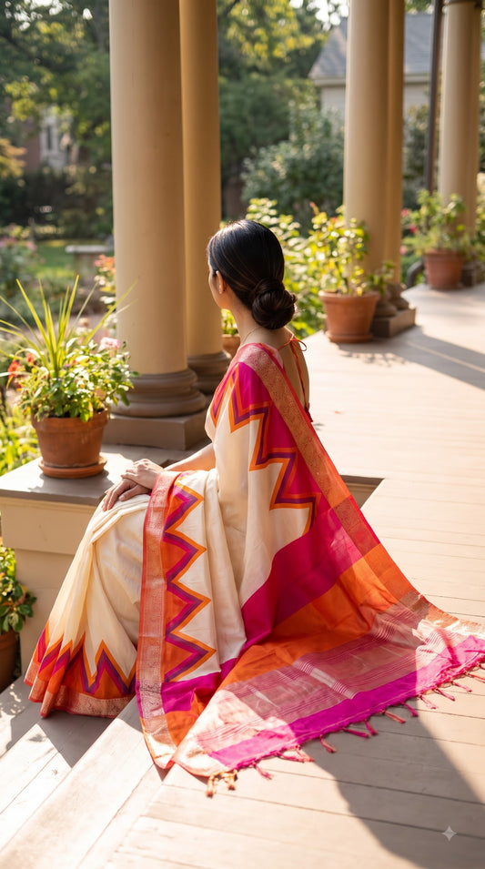 Maheshwari Silk Saree with Ganga Jamuna Border - Beige with Orange