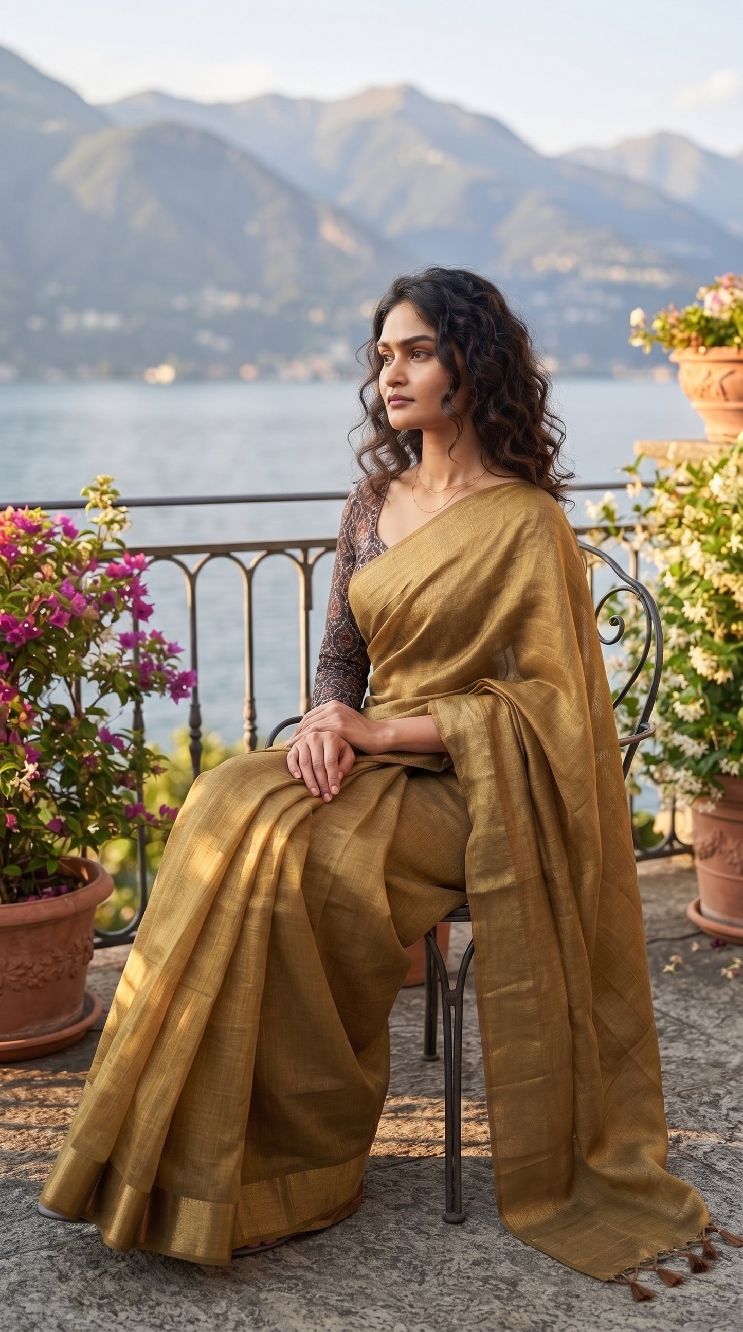 A full-length shot of a woman sitting gracefully on a metal chair on an outdoor terrace, with a scenic lake and mountains blurred in the background, showcasing the soft gold luster and elegant drape of her antique gold tissue cotton saree