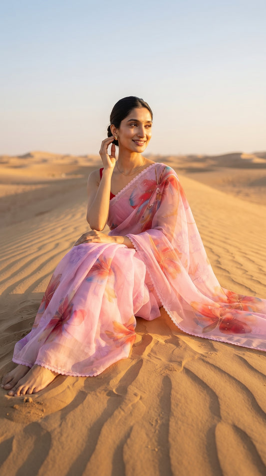 Purple Chiffon Saree with Delicate Lace Border