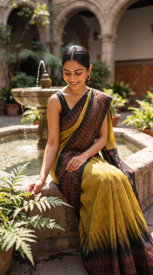 Green Pure Linen Saree with Black Temple Border