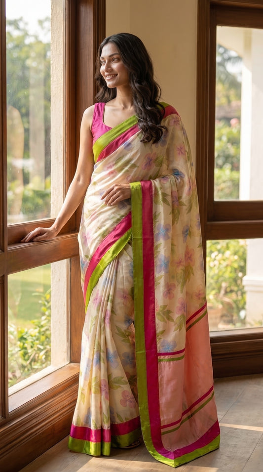 A three-quarter front portrait of a smiling woman standing by a large glass window, highlighting the translucent texture, watercolor blossoms, and crisp border details of her cream pure silk saree