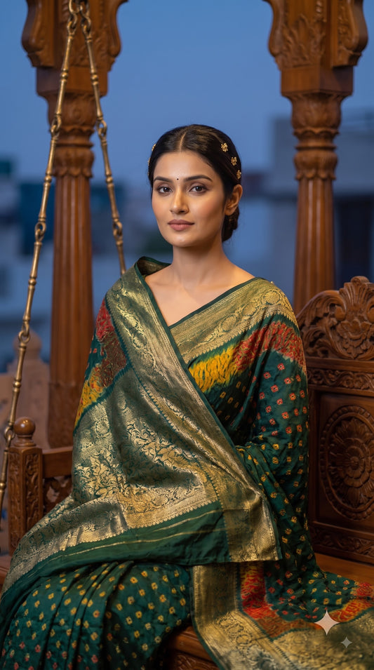 Art Silk Bandhani with Shibori & Zari Border - Rama Green