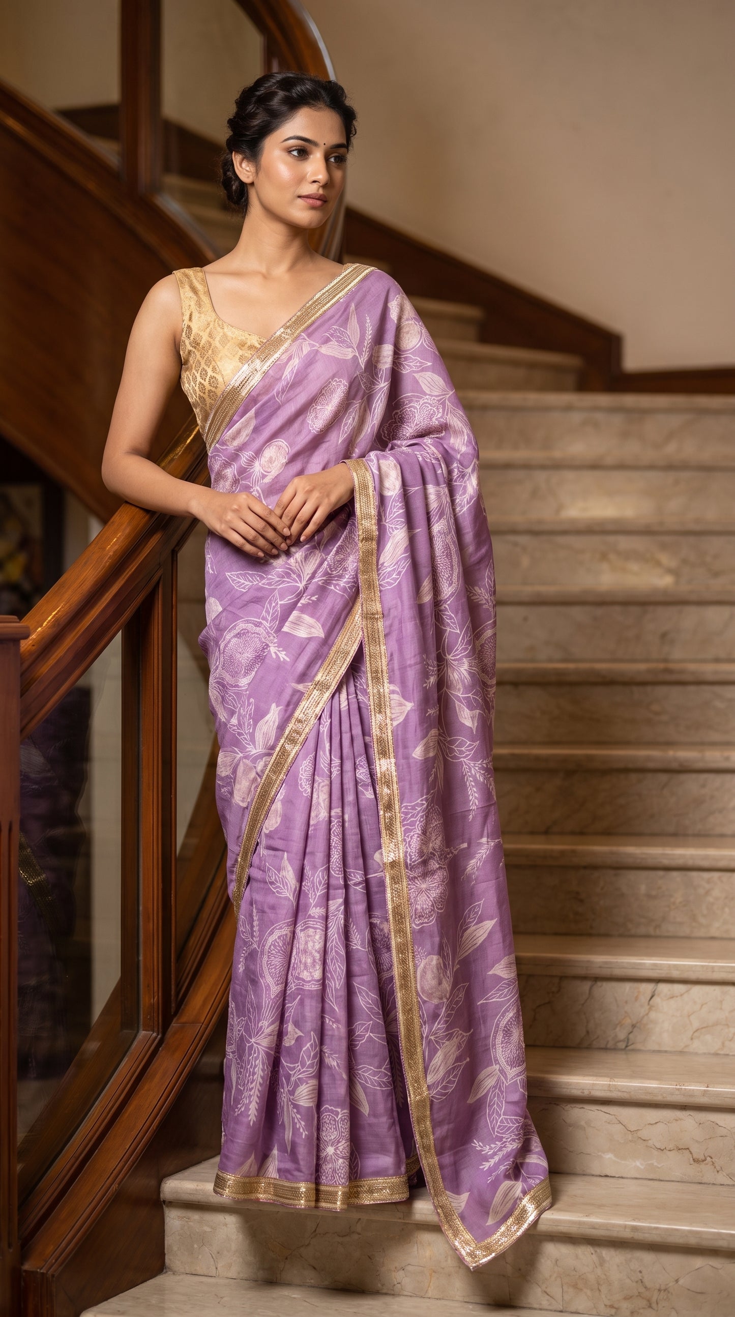 A full-length front portrait of a woman posing on an elegant indoor wooden staircase, showcasing the modern styling, soft lavender base, and shimmering metallic gold lace border of her pure muslin handloom saree