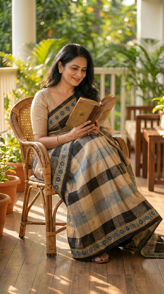 Woman in a checkered saree reading a book on a wooden chair outdoors.