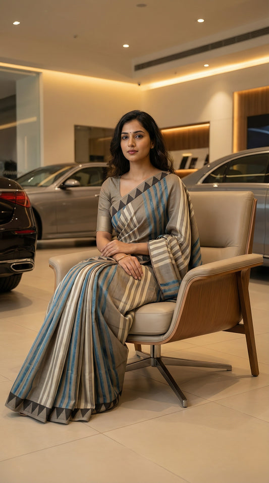 Woman in a Ajrakh Modal Silk Saree – Beige & Brown with Blue Stripes and Triangular Border with geometric patterns sitting in a luxury car showroom.
