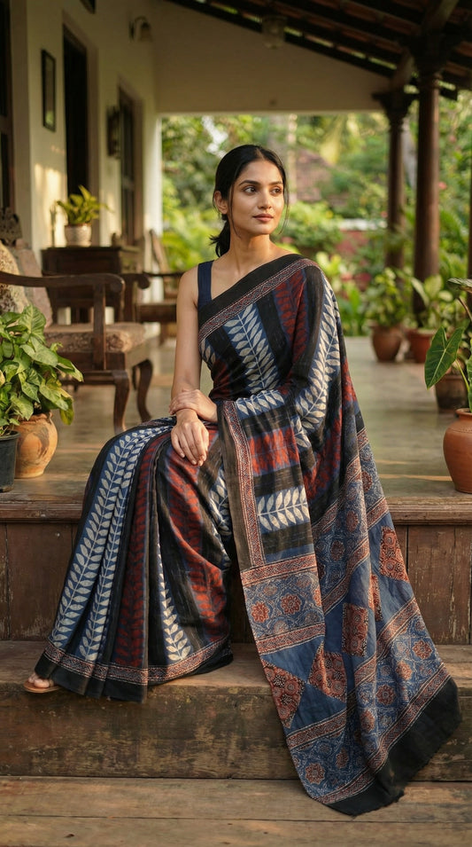 Woman wearing a Ajrakh Modal Silk Saree – Geometric Black, White, Red & Blue with Intricate Pallu, sitting outdoors with plants and furniture in the background.