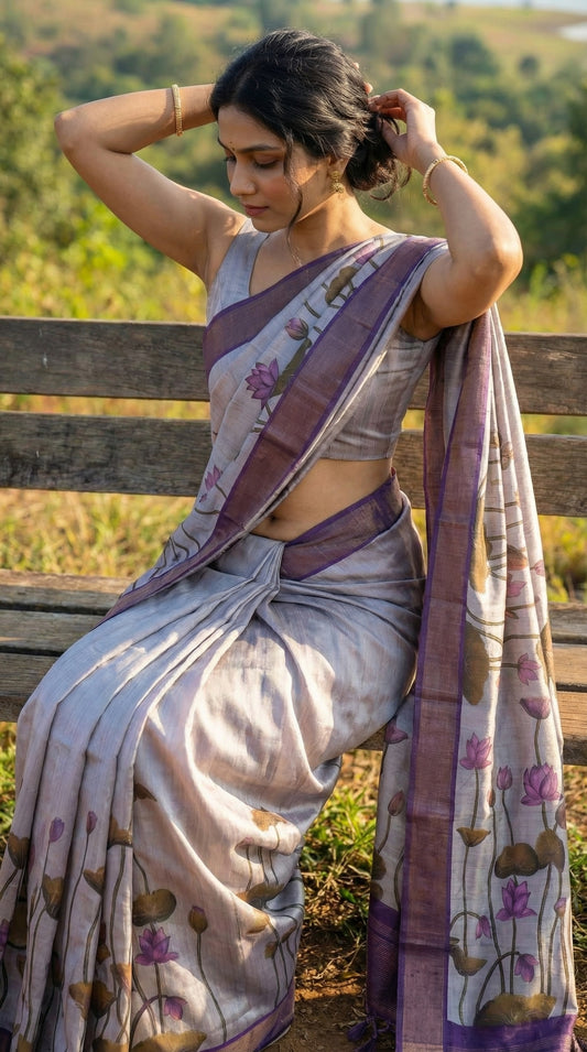Woman in a ash-grey-viscose-silk-purple-floral-saree, sitting on a wooden bench outdoors