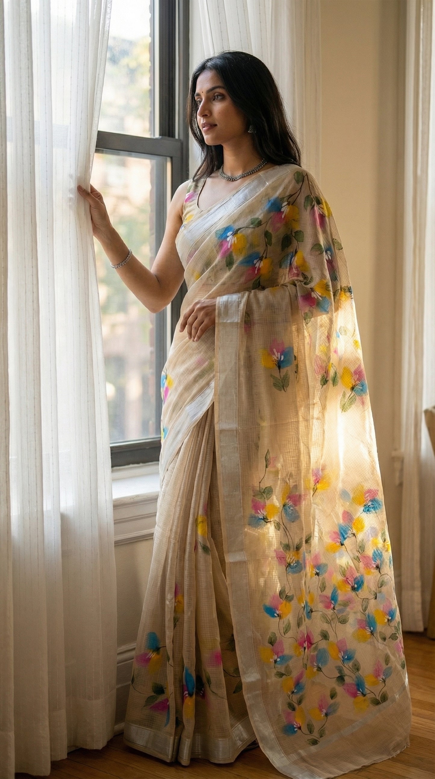 Woman wearing a beige-hand-painted-cotton-saree, standing by a window with light streaming through.