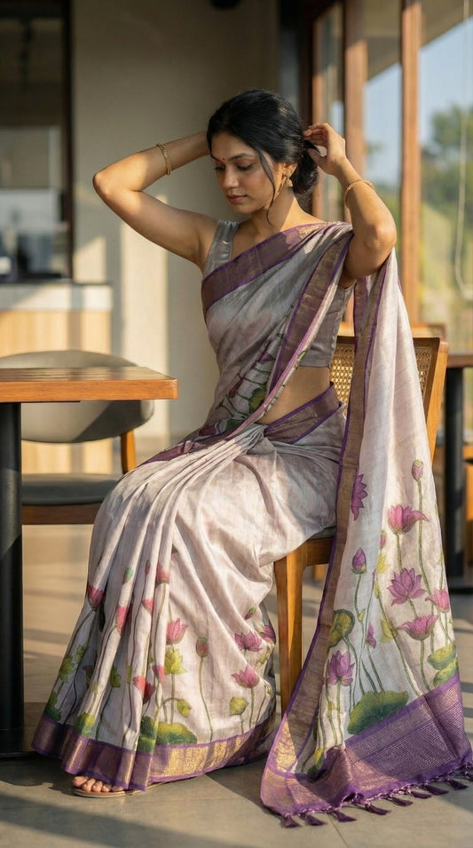 Woman in a beige-viscose-silk-purple-floral-saree, sitting outdoors with a blurred background
