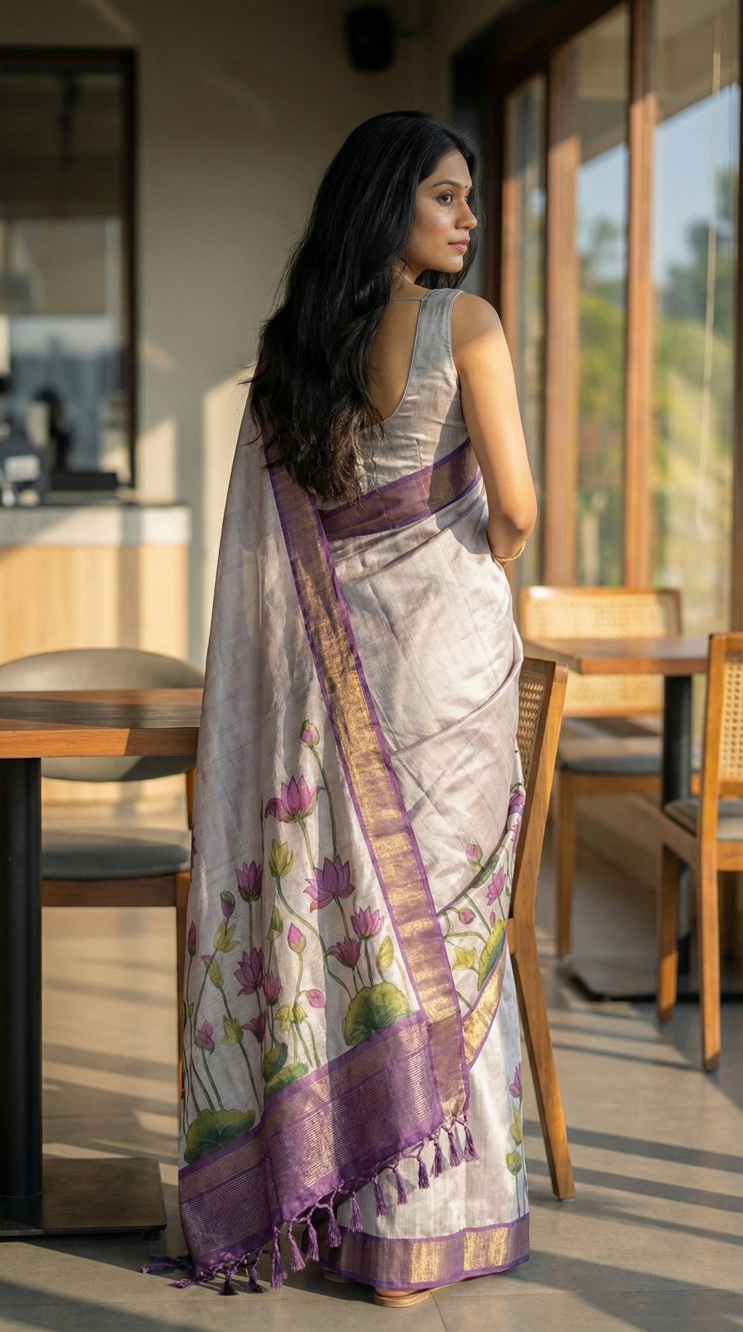 Woman in a beige-viscose-silk-purple-floral-saree, standing in a room with wooden furniture and large windows.