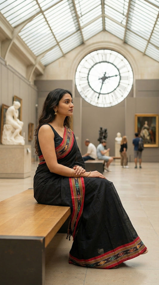 Woman in a black-mul-cotton-ikat-saree, sitting on a bench in a museum with a large clock above her.