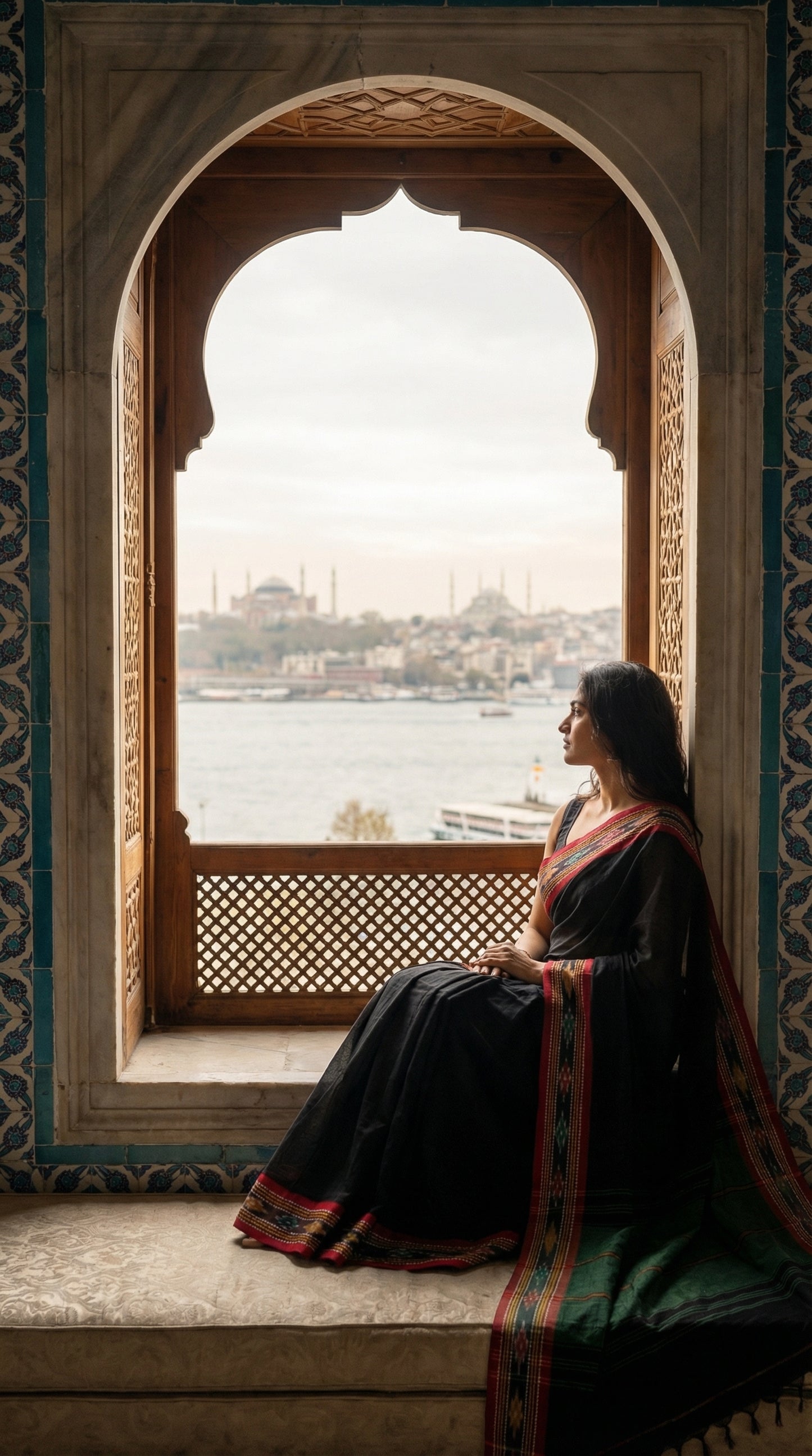 Woman in a black-mul-cotton-ikat-saree, sitting by a window with a scenic view of a river and buildings.