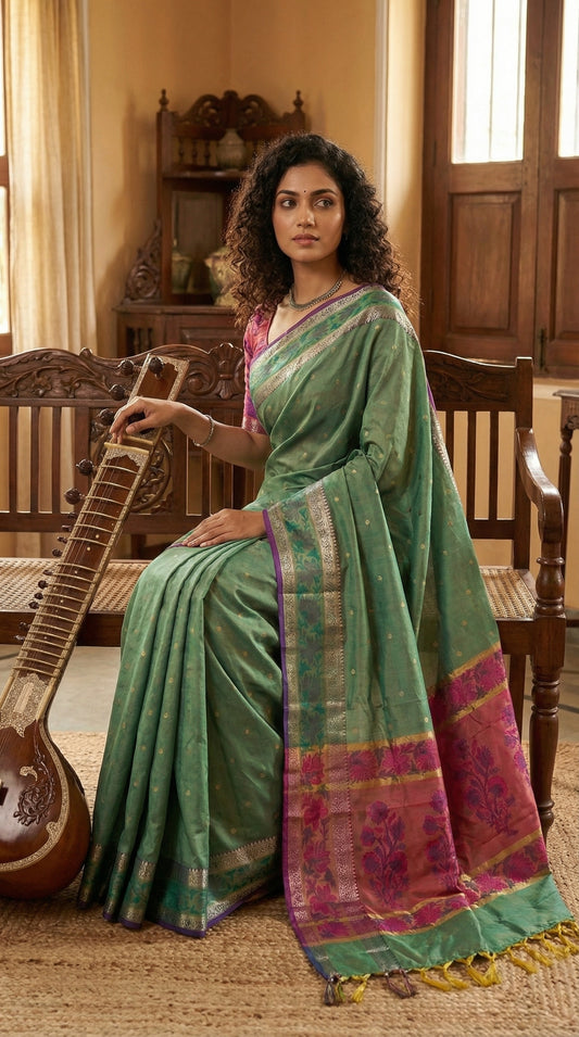 Woman in a green color blended silk saree with broad golden Zari border sitting next to a sitar in a room.