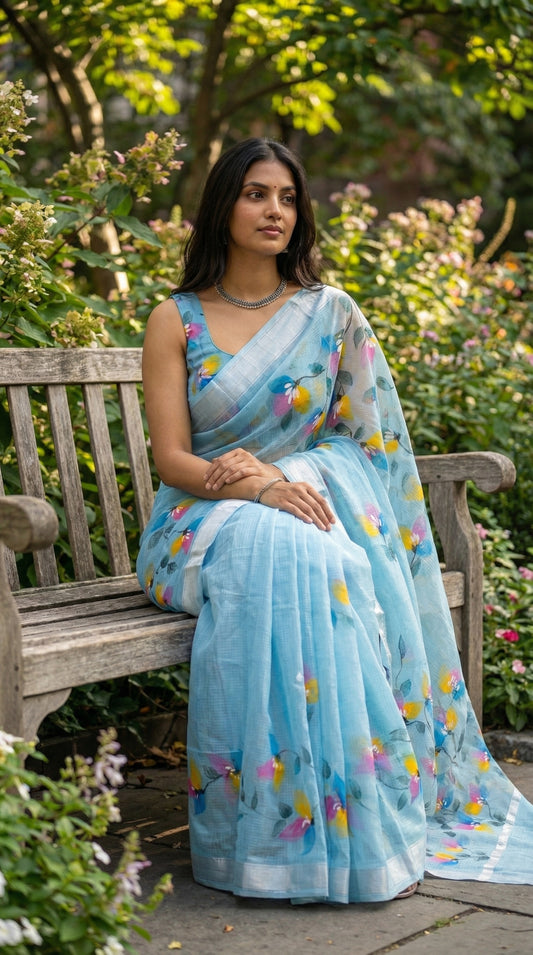 Woman in a blue-hand-painted-cotton-saree, sitting on a bench in a garden.