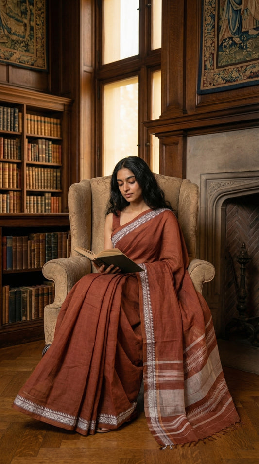 Woman in a burnt-orange-mul-cotton-saree, reading a book in a library.