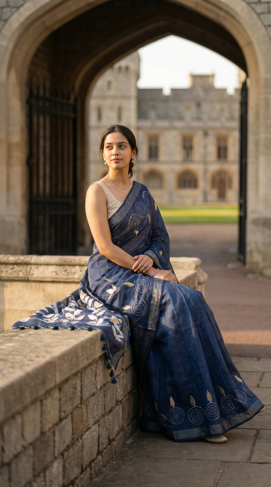 Woman in a charcoal grey hand painted cotton linen saree with floral motifs and tassel pallu, sitting under an archway with a castle in the background.