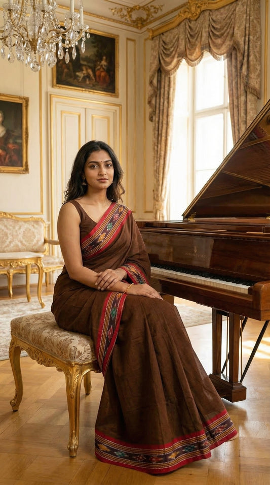 Woman in a chocolate-brown-mul-cotton-ikat-saree, sitting on a bench in a grand room with a piano.