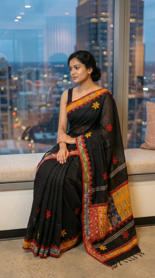 Woman in a black cotton saree with bold appliqué designs and traditional motifs, elegant ethnic wear for festive occasions sitting by a window with cityscape view.