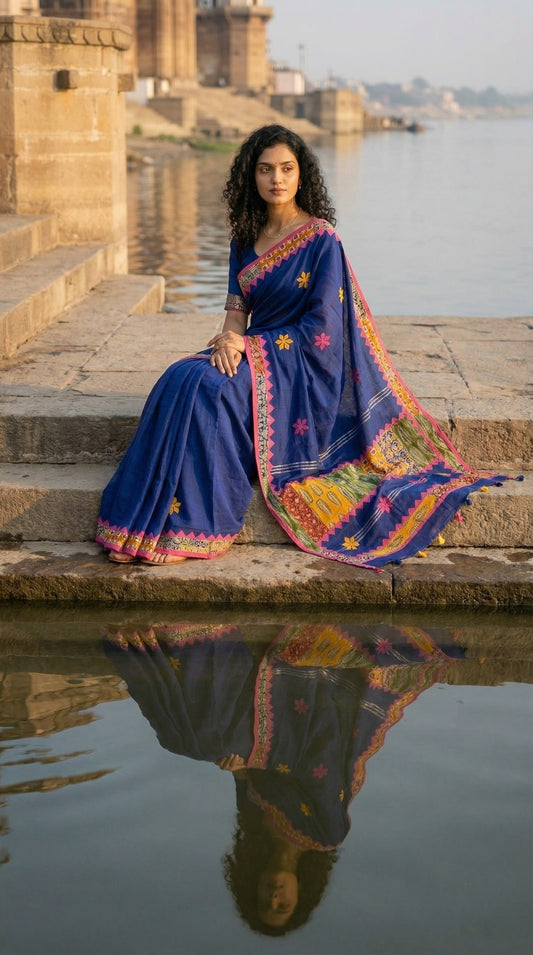 Woman wearing a blue cotton saree with multicolor patchwork and floral embroidery, sitting by a body of water.