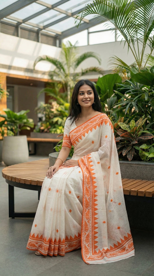 Woman in a white cotton Kota Doria saree with orange appliqué floral and geometric motifs, lightweight ethnic wear sitting in a modern indoor setting with plants.